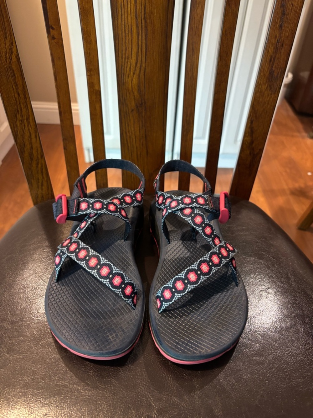 Chaco Womens Black Sandals with Pink Patterned Straps